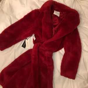 Red (faux) Fur Trench Coat by Babaton